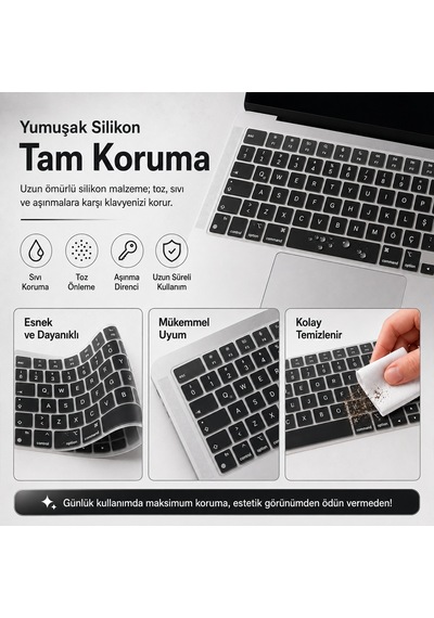 Macbook Air 13.6 İnç M2 M3 M4 M5 A2681 A3113 A3240 A3449 Uyumlu Türkçe Q Klavye Koruyucu Siyah Diğer