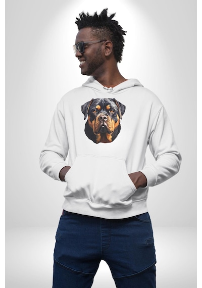 Rottweiler Kafası Kadın Erkek Beyaz Kapüşonlu Sweatshirt Hoodie Beyaz