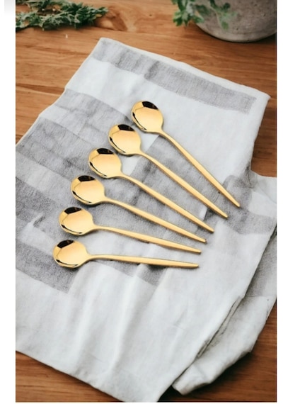 Çelik Gold Renk 6 Adet Tatlı Kaşığı Çay Kaşığı Çok Renkli