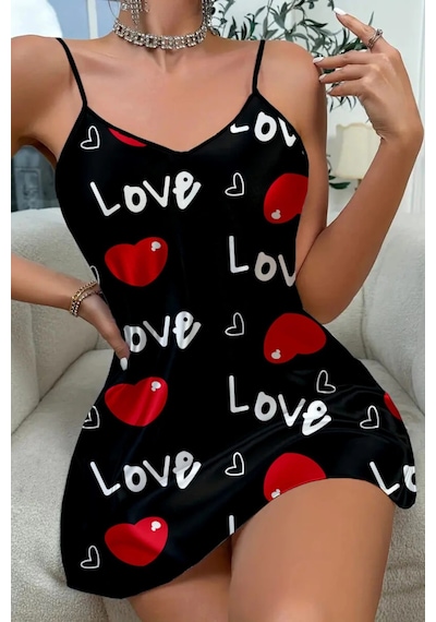 Leyna Love Desenli Siyah Saten Gecelik Çok Renki