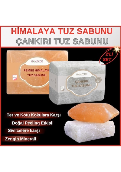 Hanzade Bitkisel Çankırı Tuz Sabunu + Himalaya Tuz Sabunu 2'li Set 300-350 Gr Zengin Mineralli Doğal Saf Kaya Tuzu S Çok Renkli