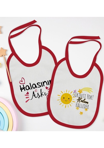 BK Kids Hala Tasarımlı 2’li Kırmızı Mama Önlüğü-2 Kırmızı