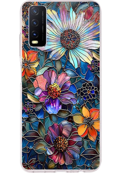 Printify Vivo Y20s İle Uyumlu Vitray Mücevher Flora Tasarımlı Şeffaf Silikon Kılıf Şeffaf