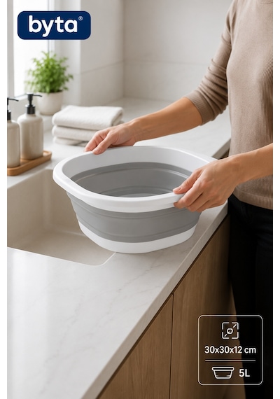 5 Litre Katlanabilir Kare Badya Katlanır Leğen Sebze Meyve Yıkama Kabı Mutfak Kamp Ve Temizlik İçin Çok Amaçlı Gri