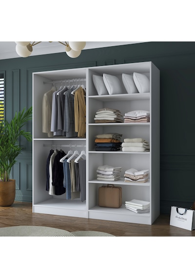 Rani Ba156 Geniş Gardırop Elbise Dolabı 4 Kapaklı 5 Raflı 2 Askılı Modüler Dolap Beyaz