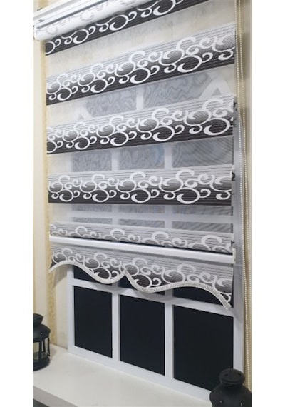 Zebra Stor Perde Kahverengi Beyaz Gümüş Simli Renk Geçişli Etek Dilimli St 039