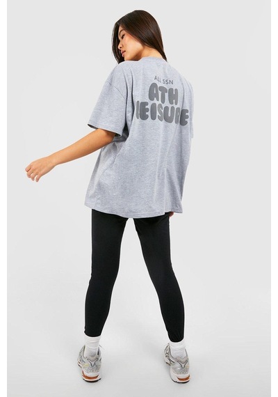 Ath Leisure T-shirt - Gri Baskılı Oversize Bisiklet Yaka Kısa Kol Tişört Gri