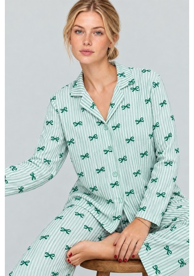 Womanandkids Yeşil Kadın Kurdela Desenli Bol Pijama Takımı 4799