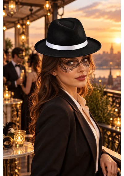 Siyah Fötr Şapka Beyaz Şeritli Retro Mafya Kostüm Şapkası Parti Sahne Halloween Cadılar Bayramı