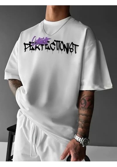 Erkek Baskılı Tişort Bisiklet Yaka Kısa Kol T-shirt - Beyaz Beyaz