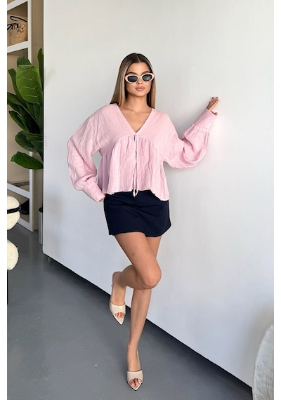 Jee Lee Kadın V Yaka Bağlama Detaylı %100 Pamuklu Bluz Pembe - 26y 1003 Pembe