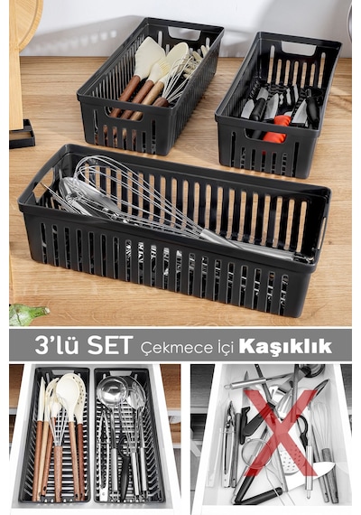 3'lü Modüler Kaşıklık Seti - Mutfak Düzenleyici Çekmece İçi Organizer Bıçaklık Kepçelik Siyah Siyah