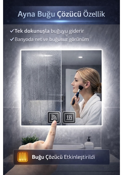 Digital Hayat Buğu Çözücü Dokunmatik Dimlenebilir Kare Ayna Beyaz Işıklı Led Dekoratif Banyo Makyaj Aynası Beyaz