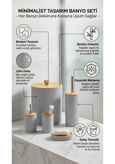 Makri Home 5 Parça Yuvarlak Banyo Seti, Bambu Kapaklı, Gri, Hacim: 7 Litre Gri