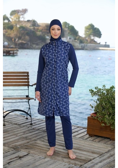 Estiva 25944 Lacivert Fermuarlı Geometrik Desenli Tam Boy Tesettür Mayo Lacivert