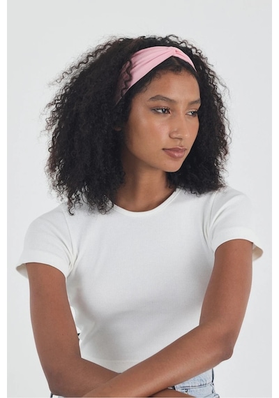 Butikgiz Beyaz Kısa Kol Bisiklet Yaka Vücuda Oturan Kaşkorse Crop + Bandana Set %100 Pamumklu, Esnek Rahat Beyaz-pembe