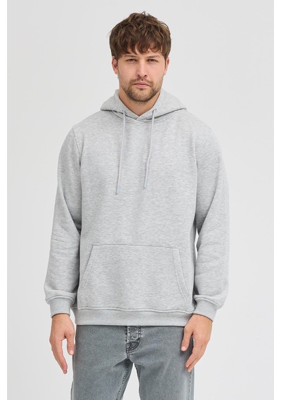 Polostate Erkek Gri Melanj Standart Fit Normal Kesim Içi Polarlı 3 Iplik Kapüşonlu Pamuklu Sweatshirt Gri Melanj