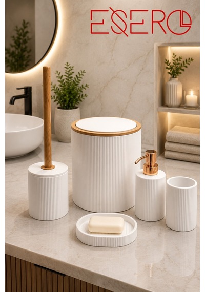 5'li Banyo Aksesuar Seti Lüks Beyaz Banyo Takımı Çöp Kovası Klozet Fırçası Diş Fırçalık Sabunluk