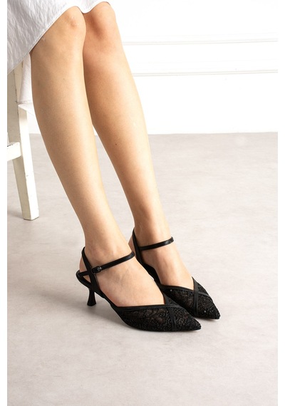 Dabab Shoes Laceva Kadın Siyah Dantel Detaylı Sivri Burun 6 Cm Topuklu Slingback Ayakkabı