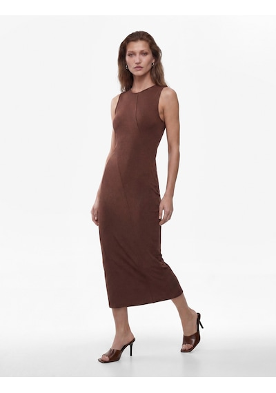 Koton Viskon Karışımlı Slim Fit Yırtmaçlı Kolsuz Bisiklet Yaka Bodycon Kalem Uzun Elbise Kahverengi 6sak80035pk Kahve