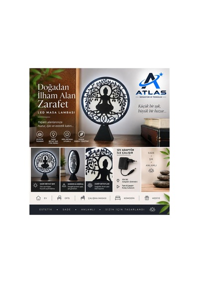 Buddha Meditasyon Temalı Led Masa Lambası Dekoratif Zen Tasarım Sade Beyaz Işık 12v Adaptörlü Renkli