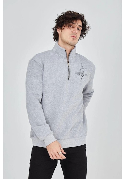 Erkek Yarım Fermuarlı Baskılı 3 İplik Pamuklu Sweatshirt - Gri