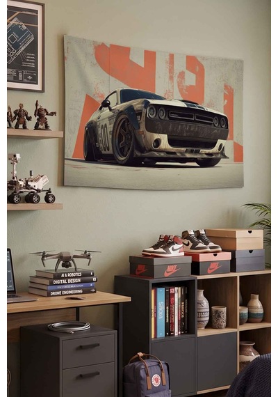 Dodge Challenger Vintage Yarış Aracı Dekoratif Duvar Örtüsü Duvar Halısı Beyaz