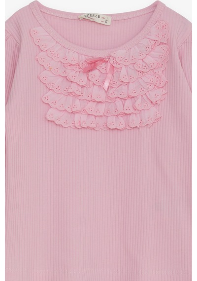 Breeze Kız Çocuk Uzun Kollu Bluz Güpürlü Fiyonklu 3-8 Yaş, Pembe