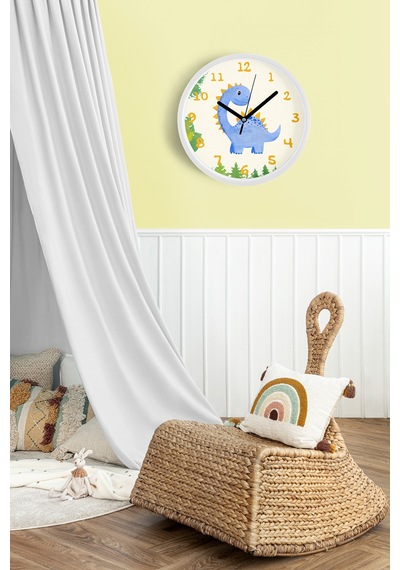Sevimli Dinozor Çocuk Odası Duvar Saati - 35cm - Önü Camlı Beyaz Kasa - Sessiz Mekanizma-jh0906 Beyaz