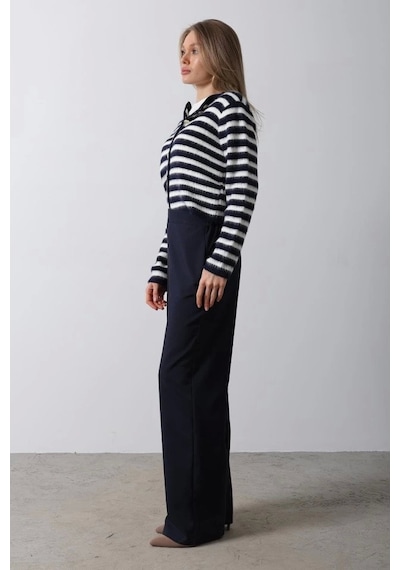 Defymoda Beli Yarım Lastikli Palazzo Pantolon - Lacivert Lacivert