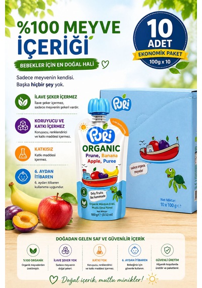Organic Mürdüm Erikli Muzlu Elma Püresi 100 G x 10 %100 Organik İlave Şekersiz 10'lu Paket