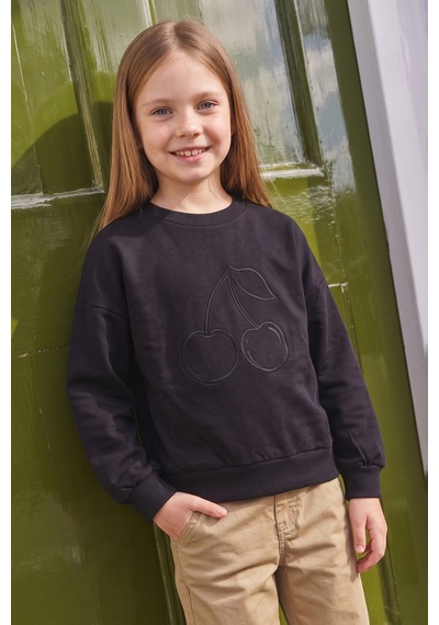 Fullamoda Kiraz Nakışlı Bisiklet Yaka Kız Çocuk Sweatshirt Siyah