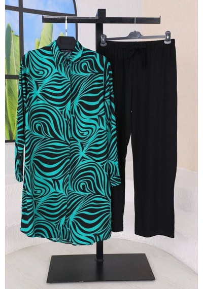 Polologin Butik Zebra Desenli Battal Beden Viskon Pantolon Ve Tunik Takım Yeşil