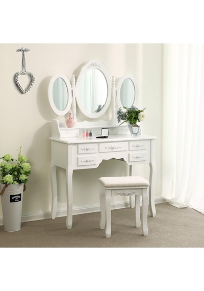Songmıcs 3 Aynalı Ve Tabureli Tuvalet Masası, 7 Çekmece, Eğim Koruması, Lüks, 145 X 90 X 40 Cm, Beyaz Rdt91w Genel Songmıcs 3 Aynalı Ve Tabureli Tuvalet Masası, 7 Çekmece, Eğim Koruması, Lüks, 145 X 90 X 40 Cm, Beyaz Rdt91w Genel