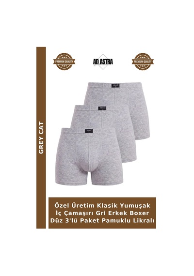 Grey Cat Özel Üretim Klasik Yumuşak İç Çamaşırı Gri Erkek Boxer Düz 3'lü Paket Pamuklu Likralı
