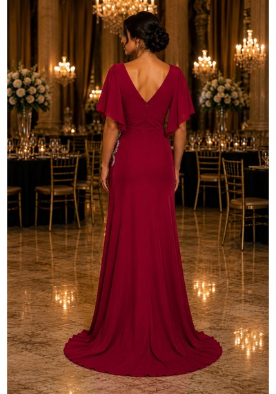 Gül&can Butik Bordo Drapeli Yırtmaçlı Uzun Abiye Elbise Bordo