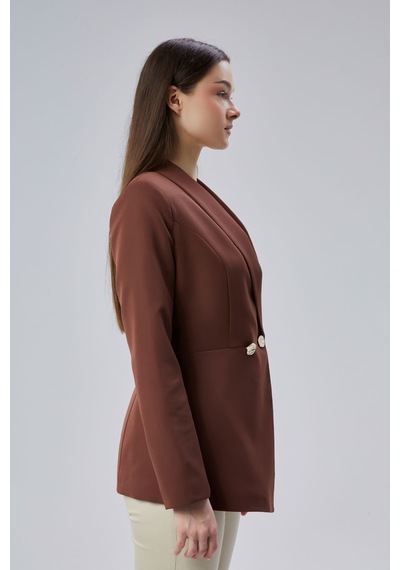 Kahverengi Regular Fit Pile Detaylı Blazer Ceket Siyah