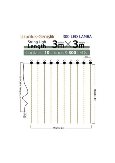 8 Fonksiyonlu Uzaktan Kumandalı Peri Perde Led - 3x3 Metre Günışığı Çok Renkli