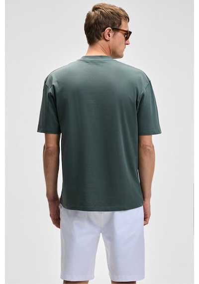 Grımelange FEON Erkek Oversize Geniş Kesim %100 Organik Pamuk Kalın Dokulu Yuvarlak Yaka Koyu Yeşil T-Shirt