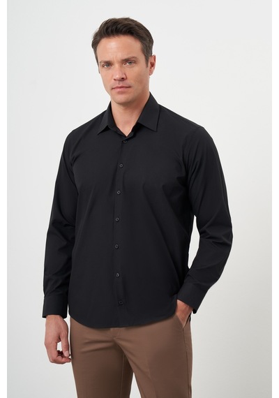 Morven Erkek Siyah Basic Düz Desen Sert Yaka Regular Fit Gömlek 24mc004110001 Siyah