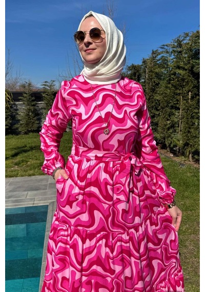 Rabia Şamlı Su Desenli Elbise Pembe Normal