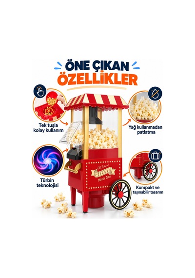 Nostaljik Arabalı Patlamış Mısır Makinesi Kırmızı