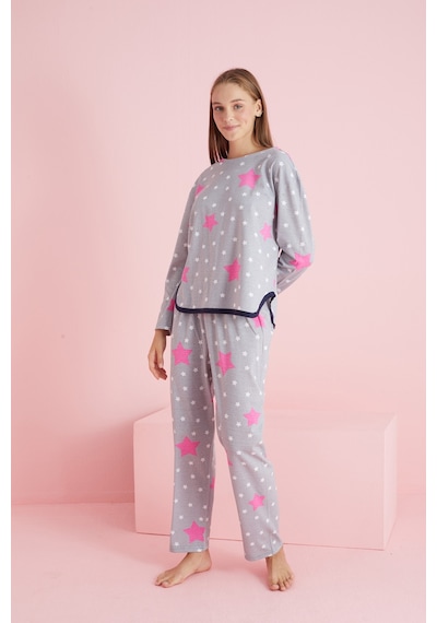 Siyah İnci Biyeli Örme Pijama Takım 7776 Gri Fuşya Yıldız