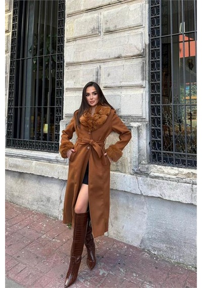 Dip Moda Neşeli Butik Kadın Taba Bilek Ve Yaka Kürk Detaylı Tam Boy Kaşe Kaban Nbstr1033