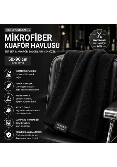 Naturıca Mikrofiber Havlu Kuaför Berber 6 Adet 50x90 Siyah