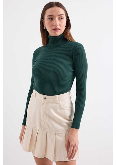 Onno Style Women Fitilli Balıkcı Yaka Basic Kazak Zümrüt Yeşili