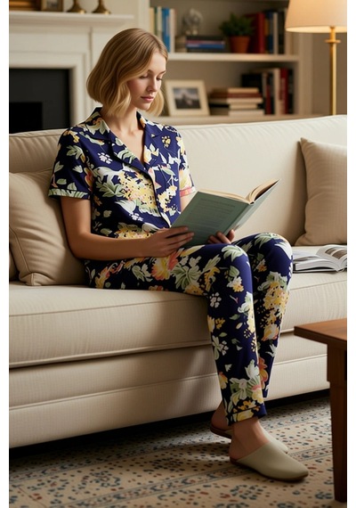 Benerly Kadın Gömlek Yaka Kısa Kollu Pijama Takımı Çiçekli Regular Kalıp lacivert Benerly Kadın Gömlek Yaka Kısa Kollu Pijama Takımı Çiçekli Regular Kalıp lacivert