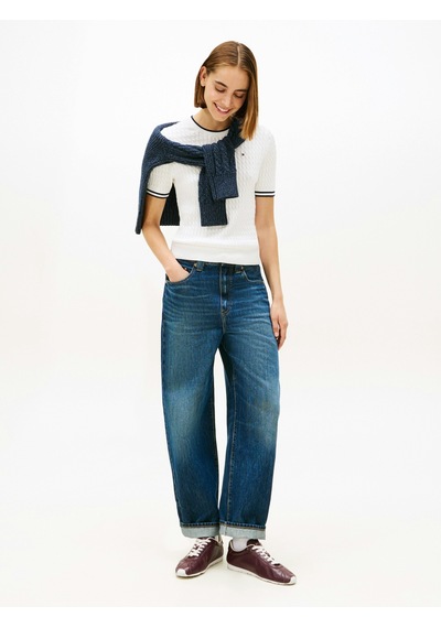 Tommy Hilfiger Co Cable C-nk Ss Swt Kadın Beyaz Kazak - Ww0ww41787 Beyaz