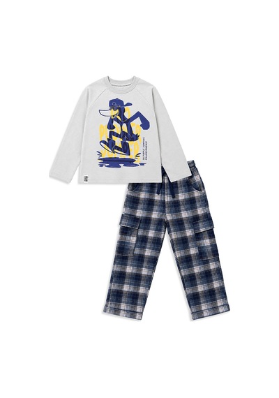 Erkek Çocuk Takım Ördek Baskılı %100 Pamuk T-shirt - Ekose Dokuma Pantolon (6-11 Yaş)