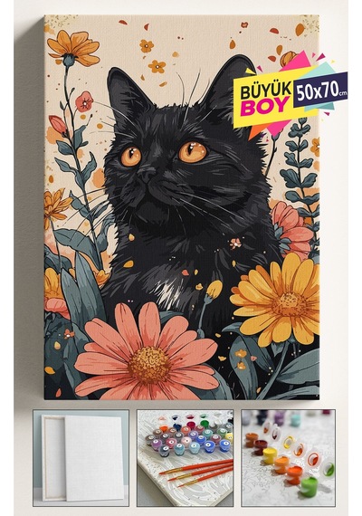 Sayılarla Boyama Seti Numaralı Tuval Fırça Boya Dahil Kasnaklı Set 50x70 Cm - Siyah Kedi Ve Çiçekler